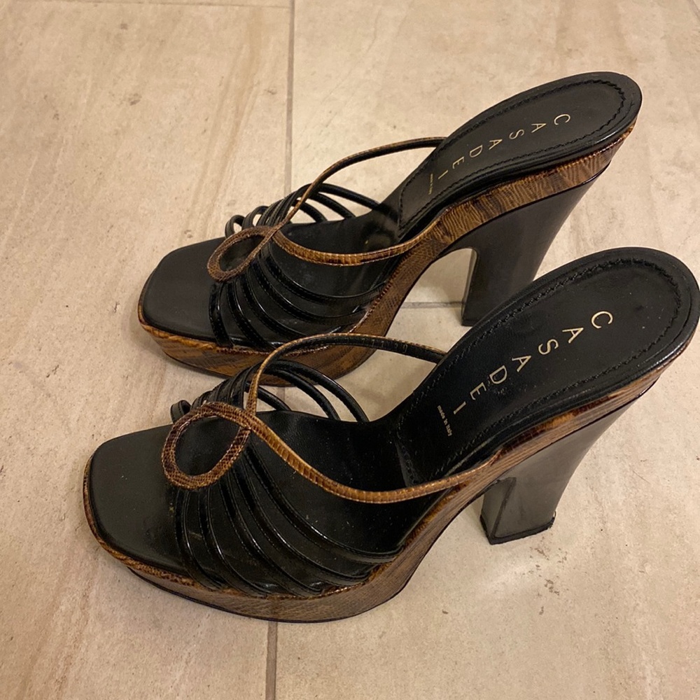 Casadei Black and Brown Wedge Sandal Heels